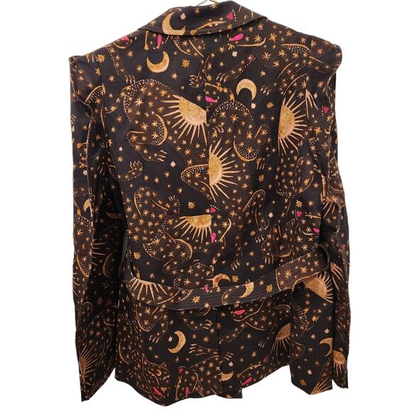 Farm Rio Leopard Sky Celestial Puff Sleeve Belted Blazer brown Jacket size large - Picture 6 of 9